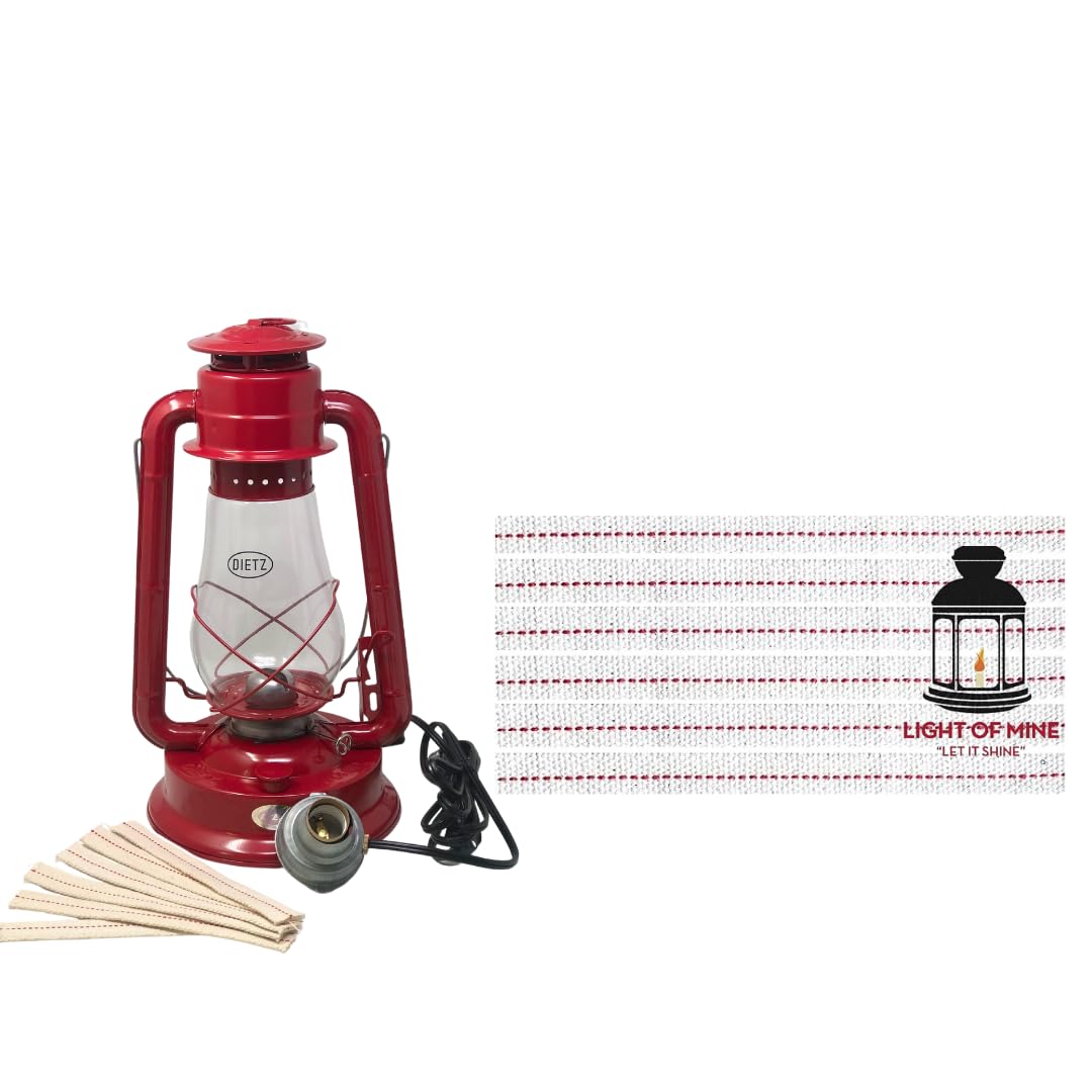 Light of Mine - Dietz #80 Blizzard Oil Lantern with 7/8 Replacement Wick Strips (Red with Electric Conversion Kit)