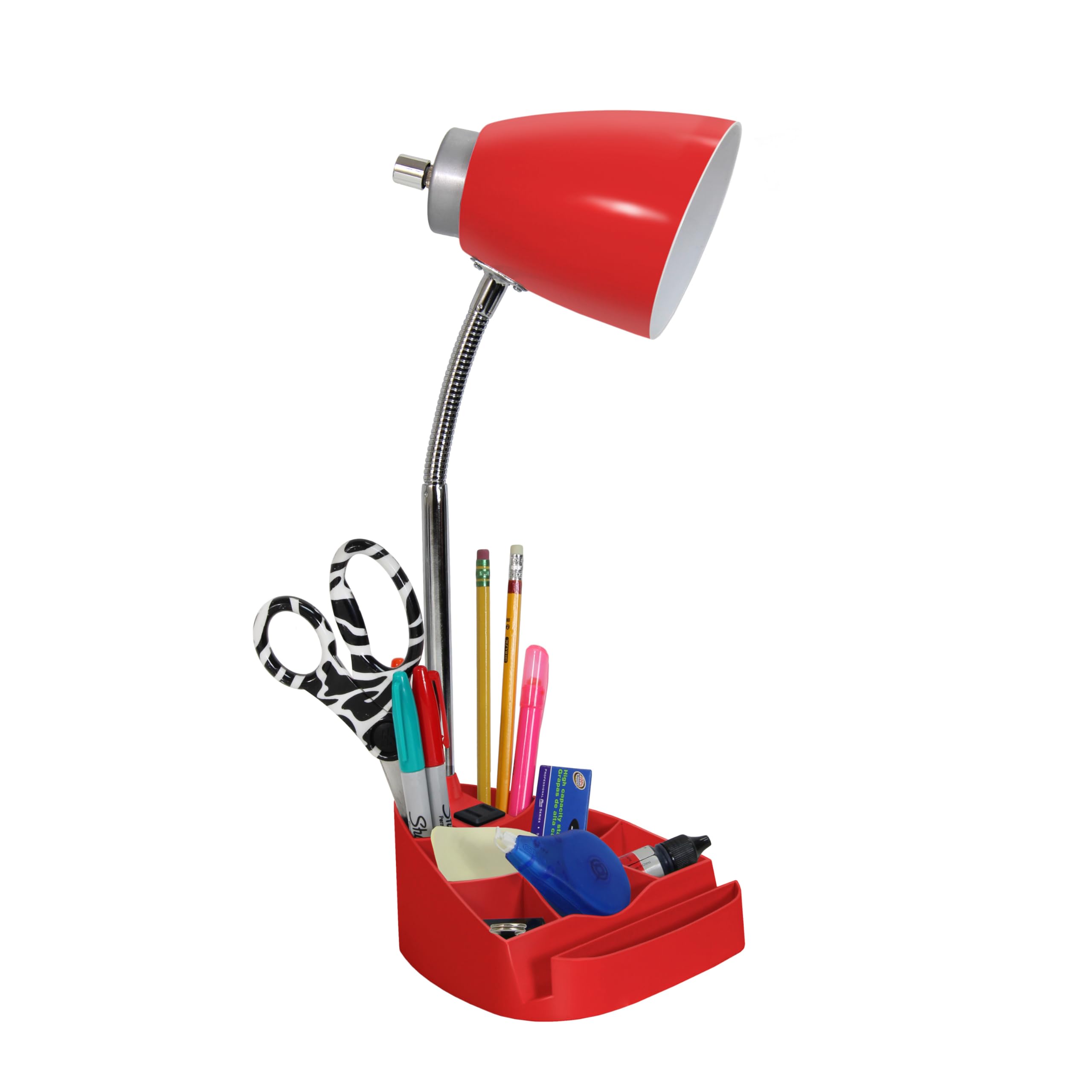 Simple Designs LD1094-RED 18.5 All-in-One Gooseneck Desk Lamp with iPad Stand, Book Holder, and Convenient Charging Outlet, for