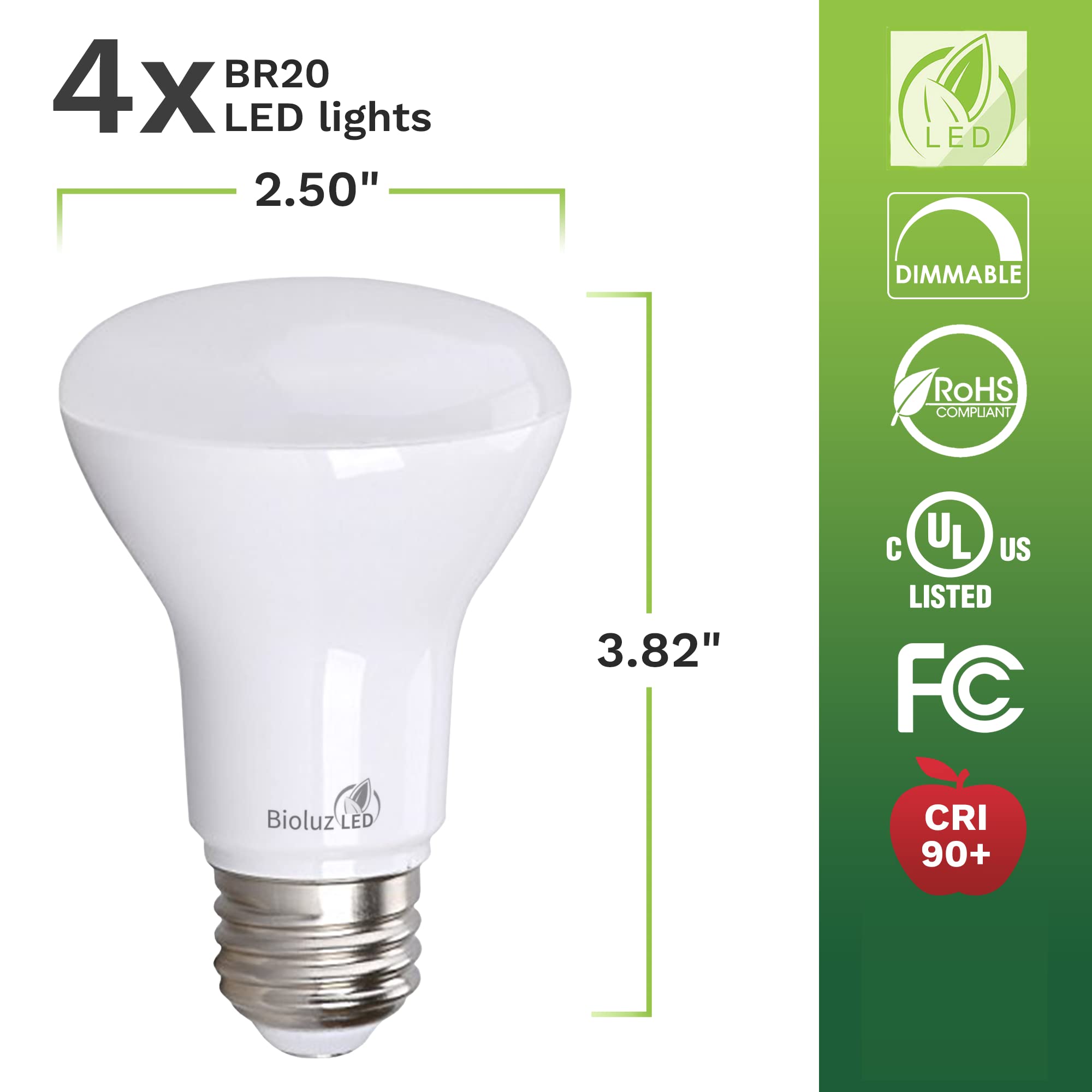 Bioluz Led 4 Pack Br20 Led Bulb 3000K Bright Soft White 6W=50W, 90 Cri, 540 Lumen, Dimmable Led Light Bulbs, Soft White Light Bu