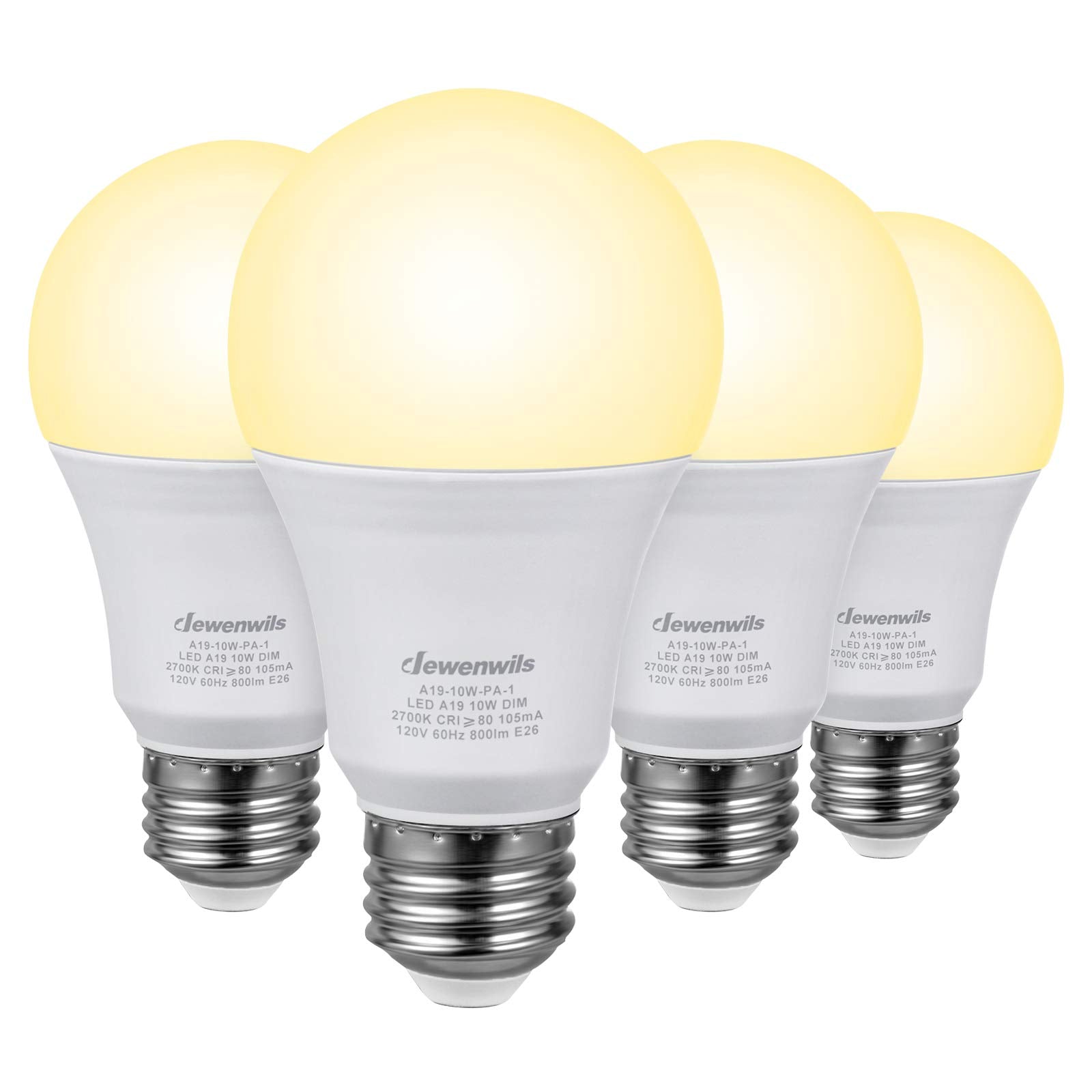 DEWENWILS 4-Pack Dimmable LED A19 Light Bulb, Soft White Light with Warm Glow, 800 Lumen, 2700K, 10W (60 Watt Equivalent), E26 Medium Screw Base, UL Listed
