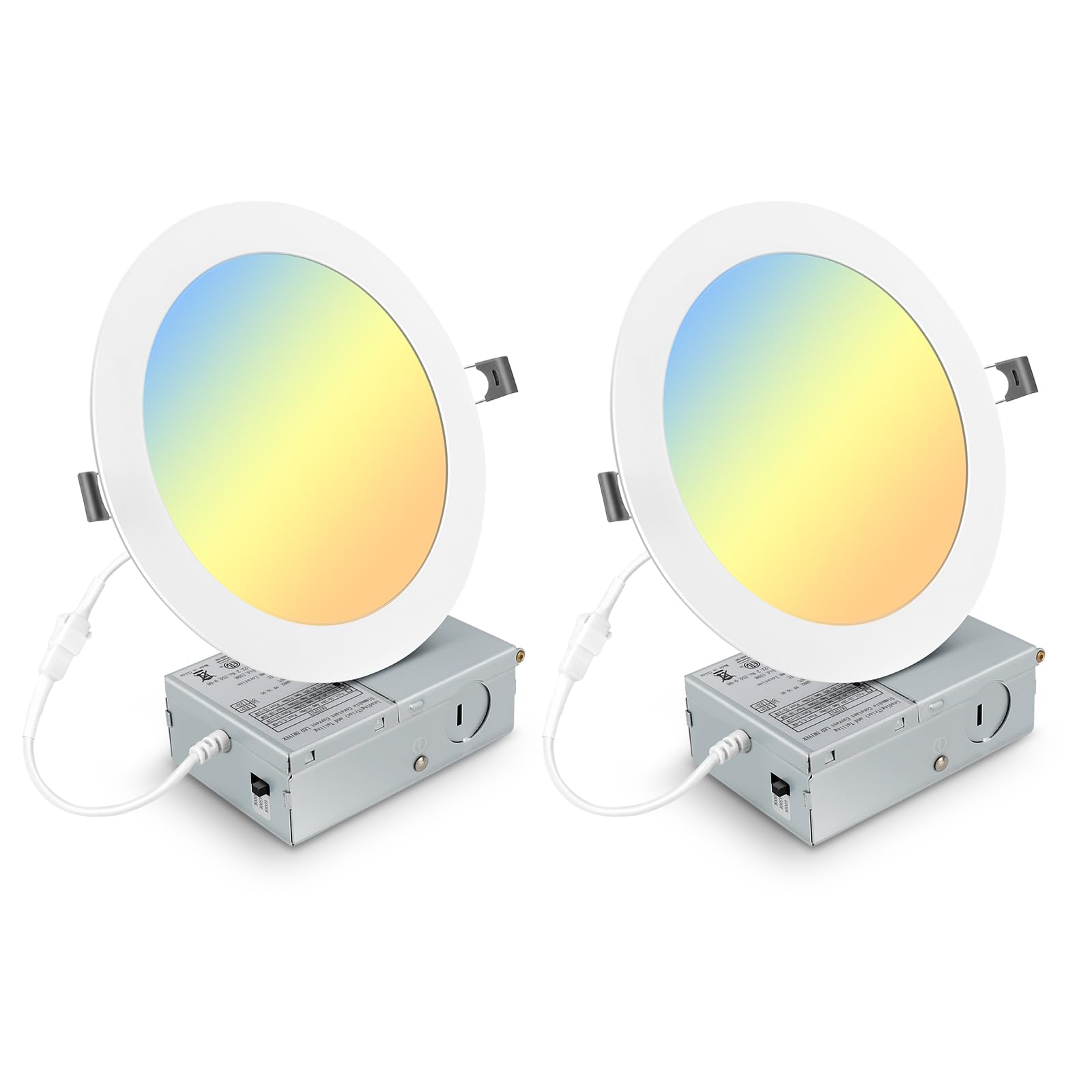 Elaruslux 2 Pack 7 Inch 3Cct Ultra-Thin Led Recessed Light With Junction Box, 3000K/4500K/6000K Selectable, 18W Eqv 125W, Dimmable Canless Downlight, 1600Lm High Brightness
