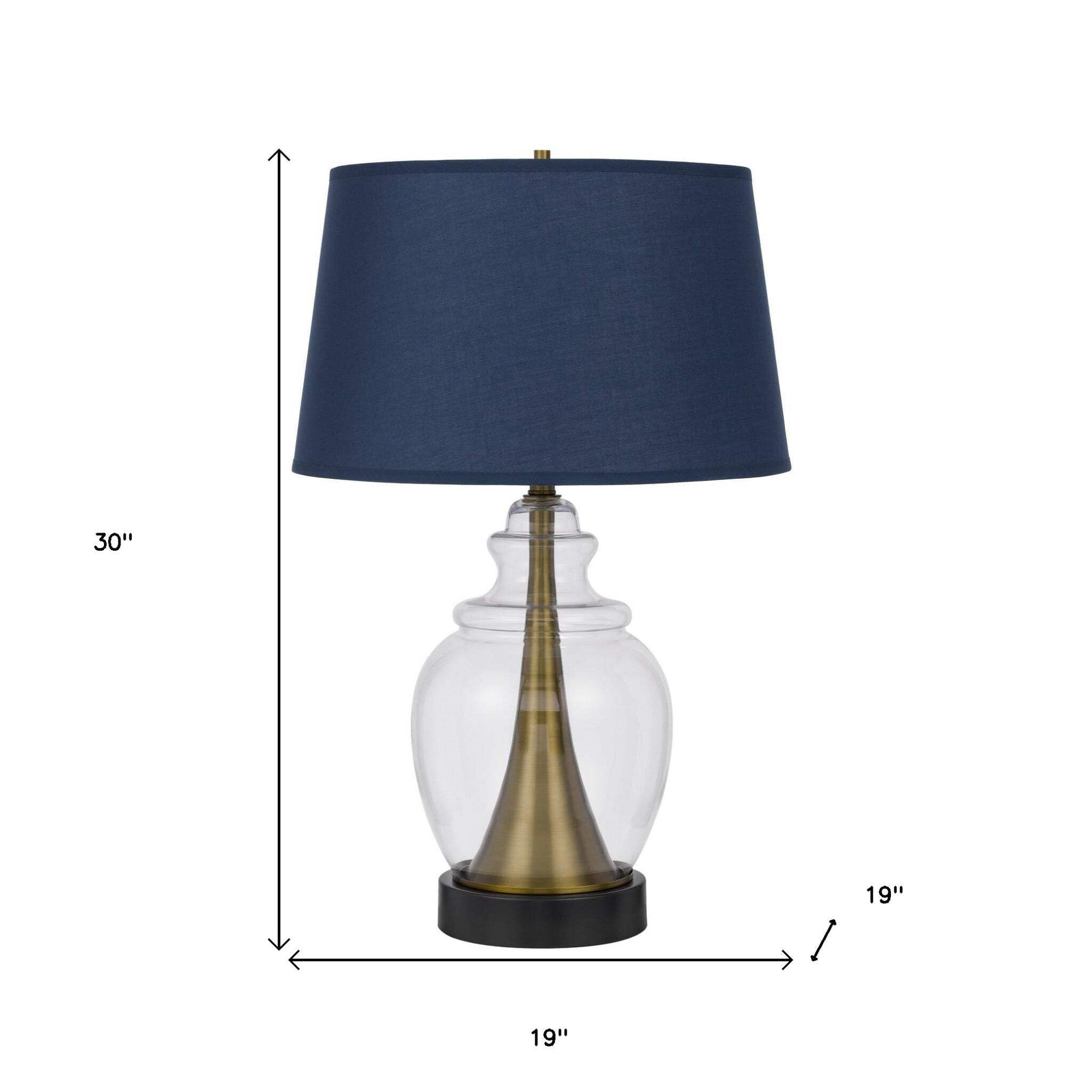 HomeRoots Table Lamp 30 in. Antiqued Brass & Glass with Navy Blue Empire Shade, Model 524720