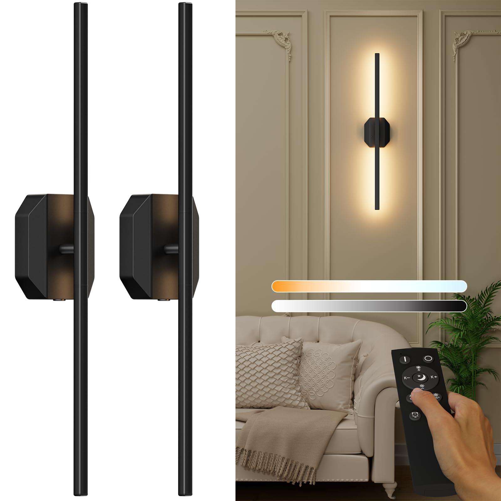 Hunhun Battery Operated Wall Sconce Set Of Two, 28 Inch, Black, Usb Rechargeable, Dimmable 3000K-6000K With Remote Control