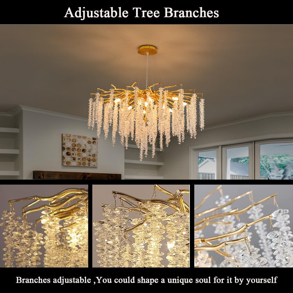 Puvaue Crystal Tree Branch Chandelier Pendant Light Fixture Round D31.5in Gold Aluminum/Iron for Dining Room, Bedroom, Living Room