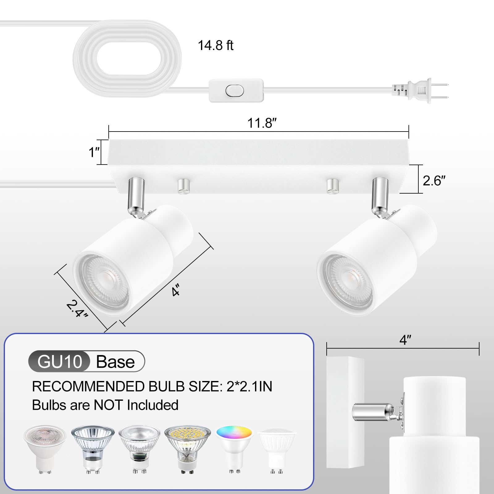Plug In Track Lighting Fixtures Ceiling, White Track Light Led, 2-Light Track Lights With Cord, 2 Way Ceiling Spotlight, Rocker Switch, Rotatable Wall Mount Light For Kitchen/Bedroom,Bulb Not Included