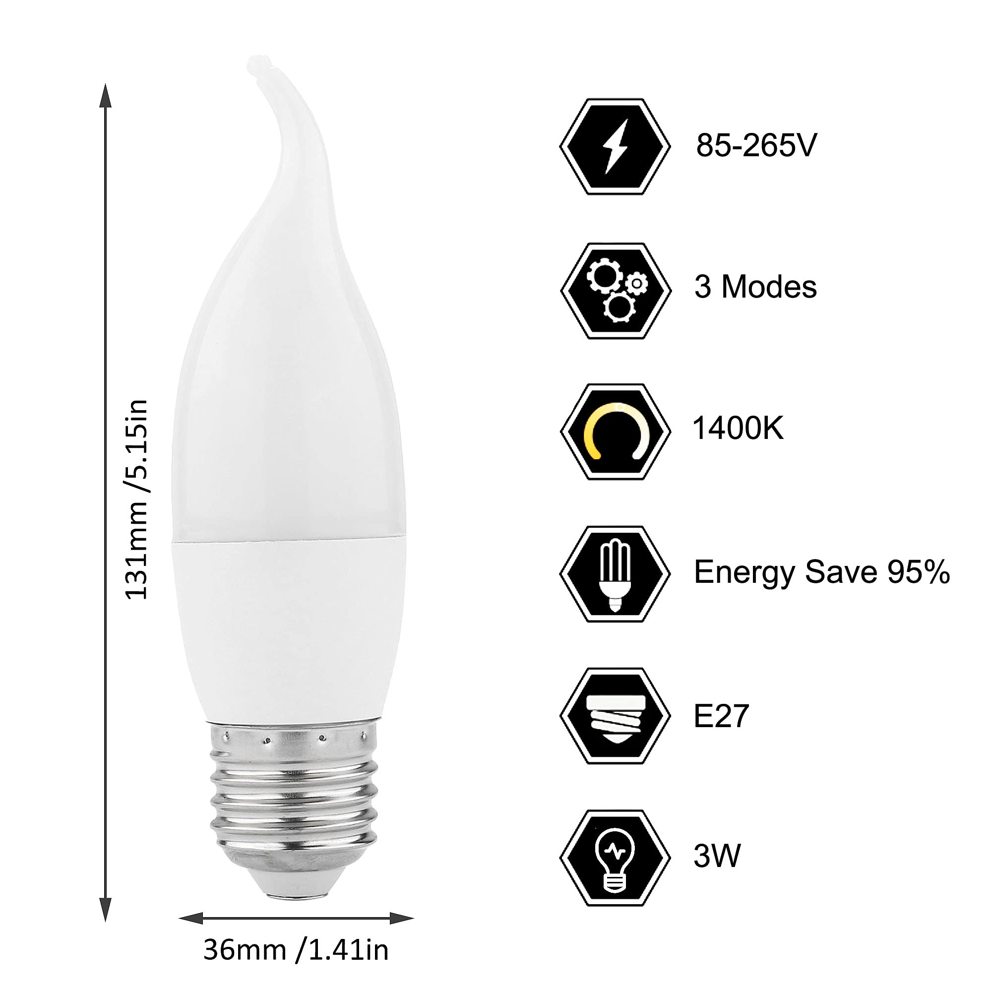 Lpraer E26 LED Flame Effect Light Bulbs, Warm White, 6 Pack, Flickering Mode, Polycarbonate, Model IIUS00412