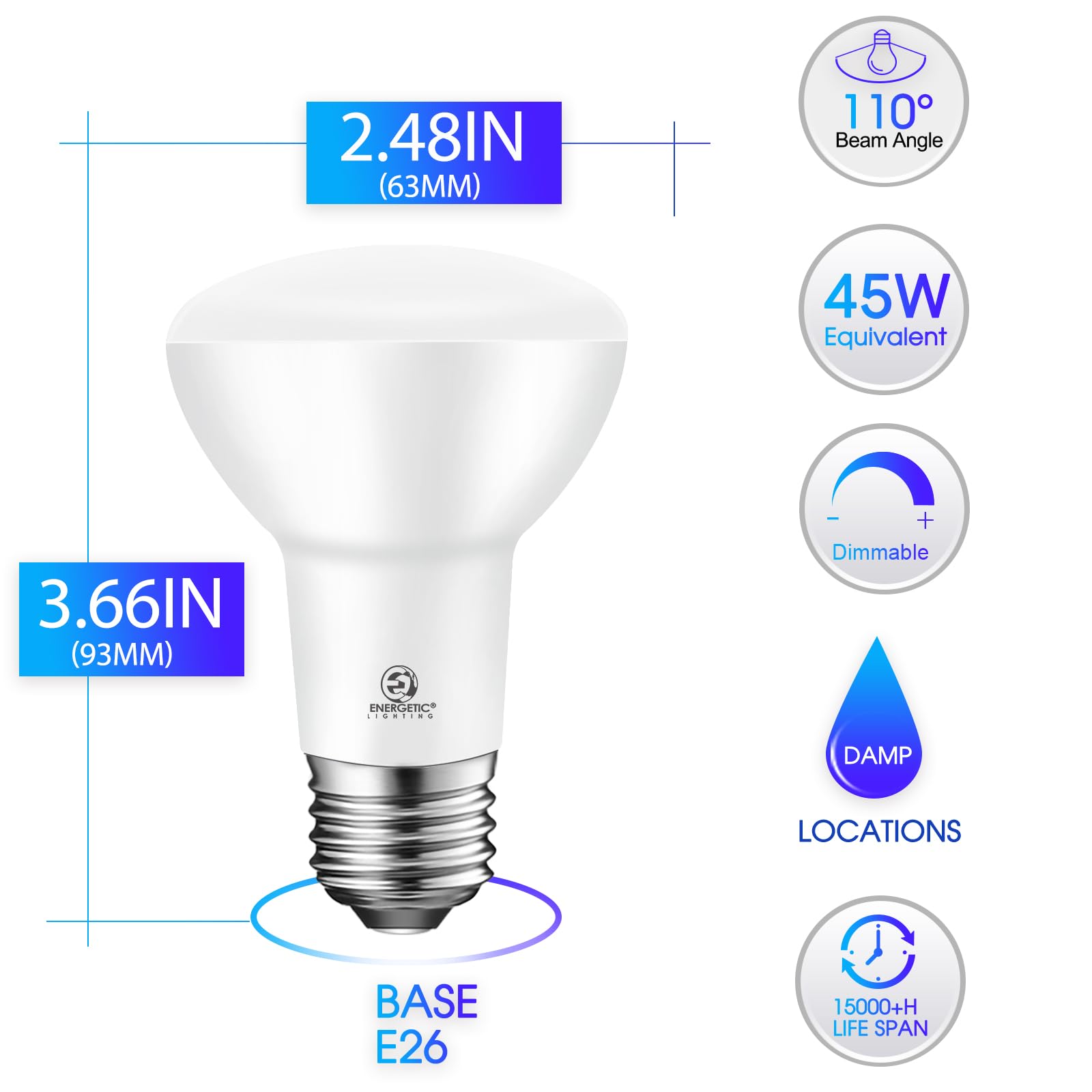 Energetic Br20 Led Bulb R20 Dimmable 5000K Daylight 45W Equivalent To 6.5W, Recessed Can Light Bulbs, Kitchen Ceiling Lights, E2