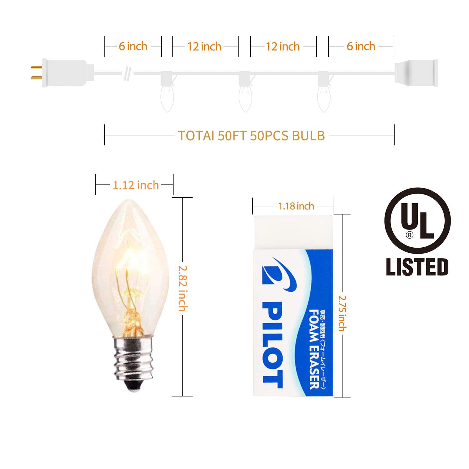 Minetom C9 Christmas String Lights 50ft Clear Bulb White Wire for Outdoor Indoor Holiday Decoration