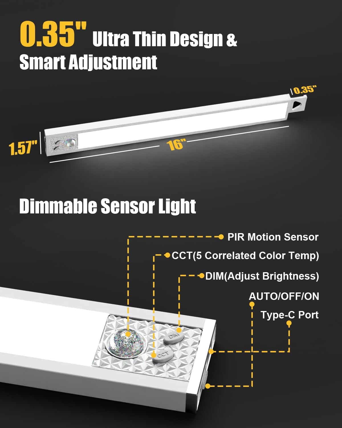 Under Cabinet Lights, 16'' Led Motion Sensor 5Cct Dimmable Lighting, 2500Mah Rechargeable Closet Light Battery Operated Under Co