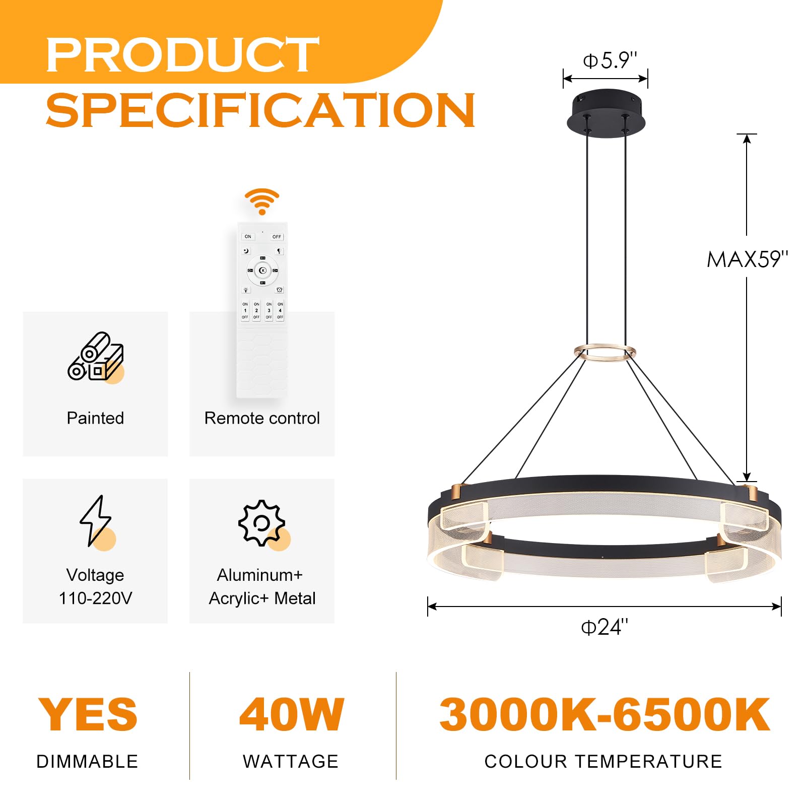 Benkut Modern Led Pendant Light, Dimmable Black Led Chandelier For Dining Room Light Fixture Over Table, 24 Inch Modern Pendant Light Kitchen Island Dining Room Living Room Entryway, 3000K-6500K