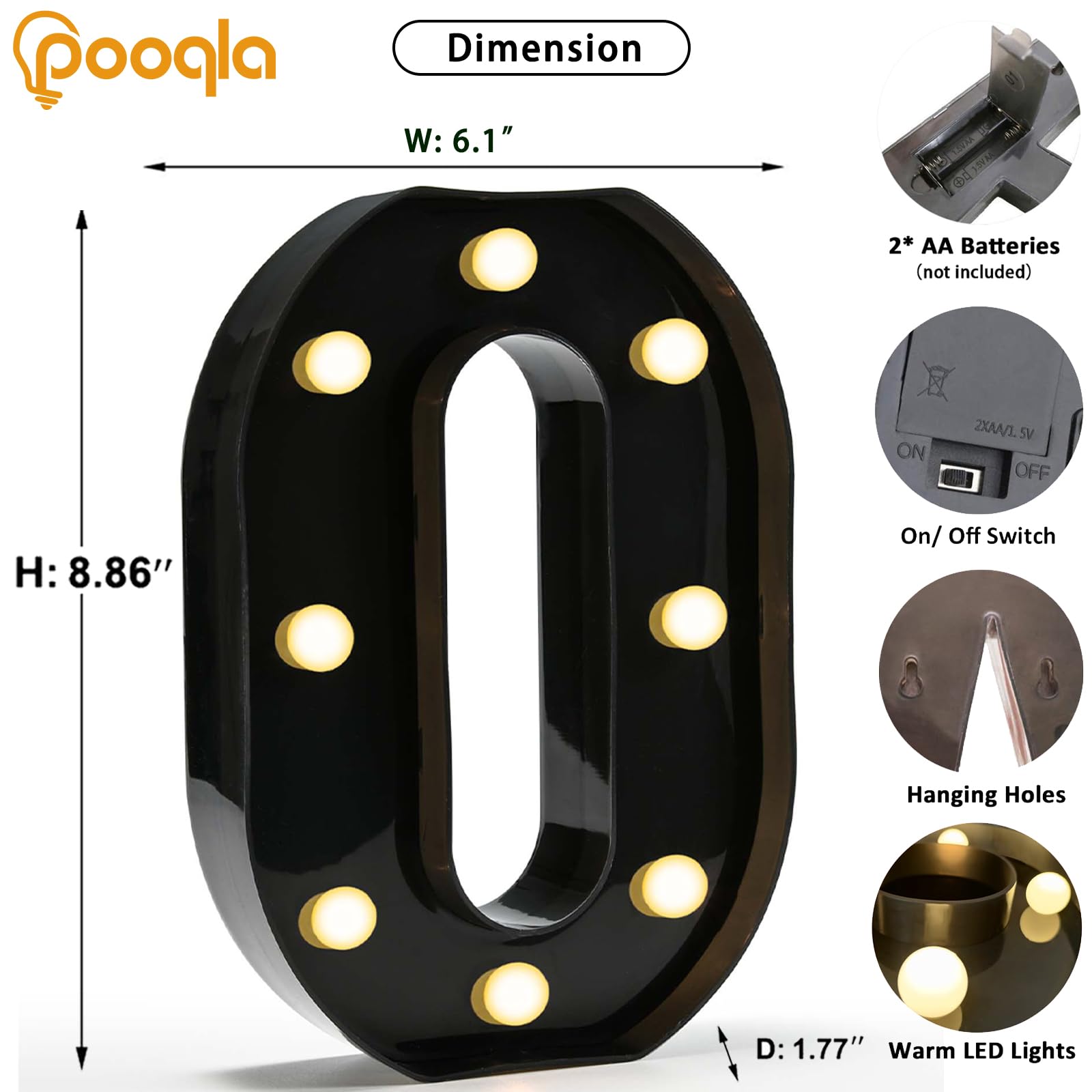 Pooqla Decorative Led Light Up Number Letters, Black Plastic Marquee Number Lights Sign For 10Th 50Th Birthday Party Wedding Decor Battery Operated Black Number 0