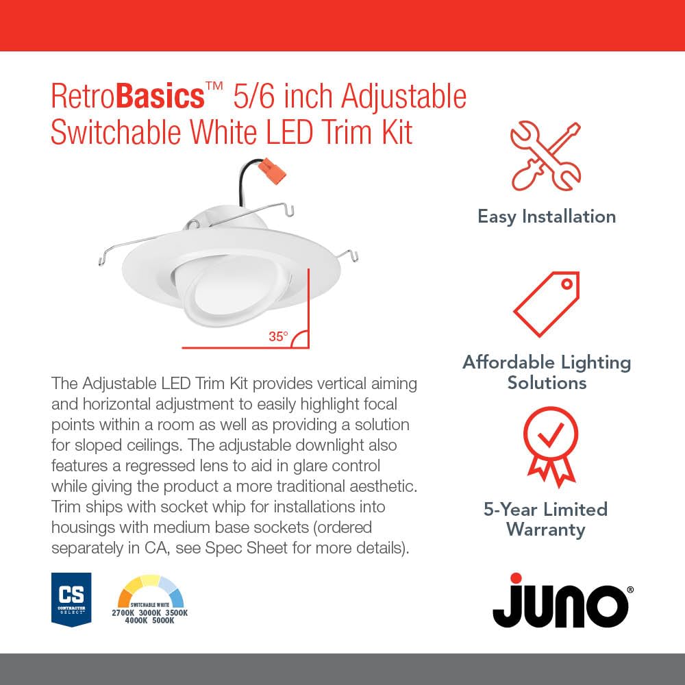 Juno Adjustable LED Downlight Trim Kit, 5/6-Inch, Switchable CCT 2700K-5000K, Baffle, Model RB56A SWW5 MW M