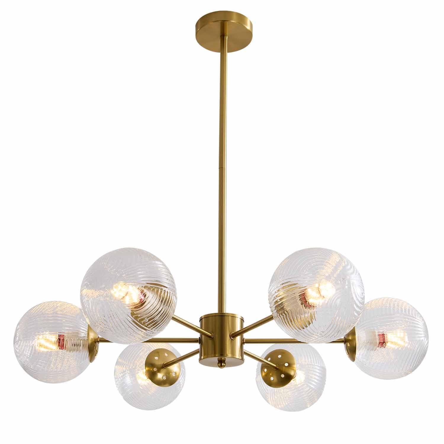 BOKT 6-Lights Modern Gold Globe Chandelier Brushed Brass Sputnik Chandelier Clear Glass Bubble Ball Chandelier Mid Century Flush Mount Pendant Lights Fixture Kitchen Island
