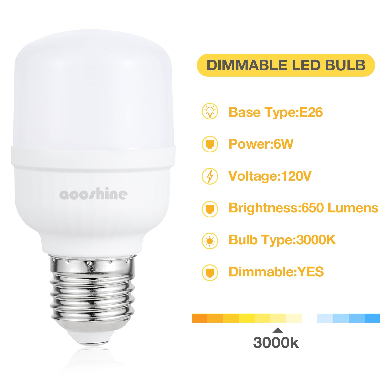 aooshine Q50 Dimmable LED Light Bulb, 3000K Warm White, E26 Base, 6W, 650 Lumens, Iron Material, 1 Pack