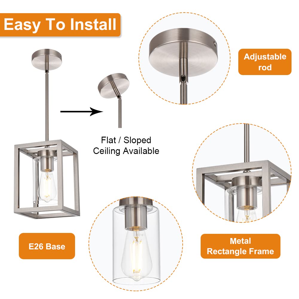 VINLUZ Brushed Nickel One Light Chandelier Pendant Fixture, Modern Kitchen Lighting with Clear Glass Shade, Model 1811-1-SN