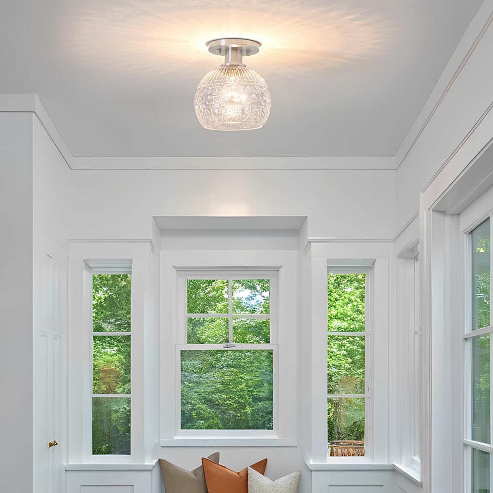 DSMJFU 7.09in Brushed Nickel Semi Flush Mount Ceiling Light - Vintage Globe Design for Hallway, Porch, Bedroom - Model DX23083G1-CL