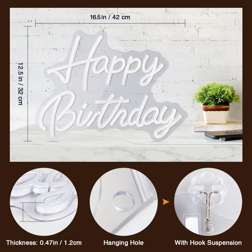 Arrinew Happy Birthday Neon Sign, USB Powered Warm White, 16.5inx 12.5in, Model NHD08