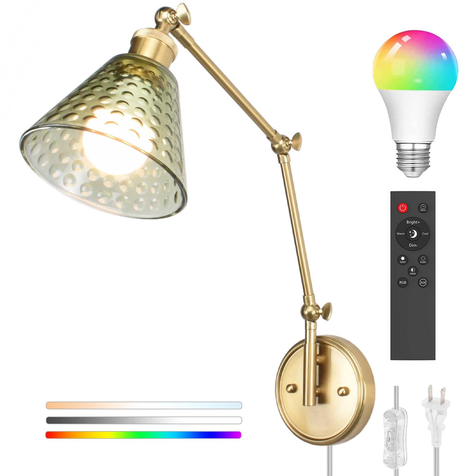 BARSUNS Swing Arm Wall Sconce, Adjustable Brightness, RGBW Bulb with Remote, Gold & Green, Model BS-WL351YG-B