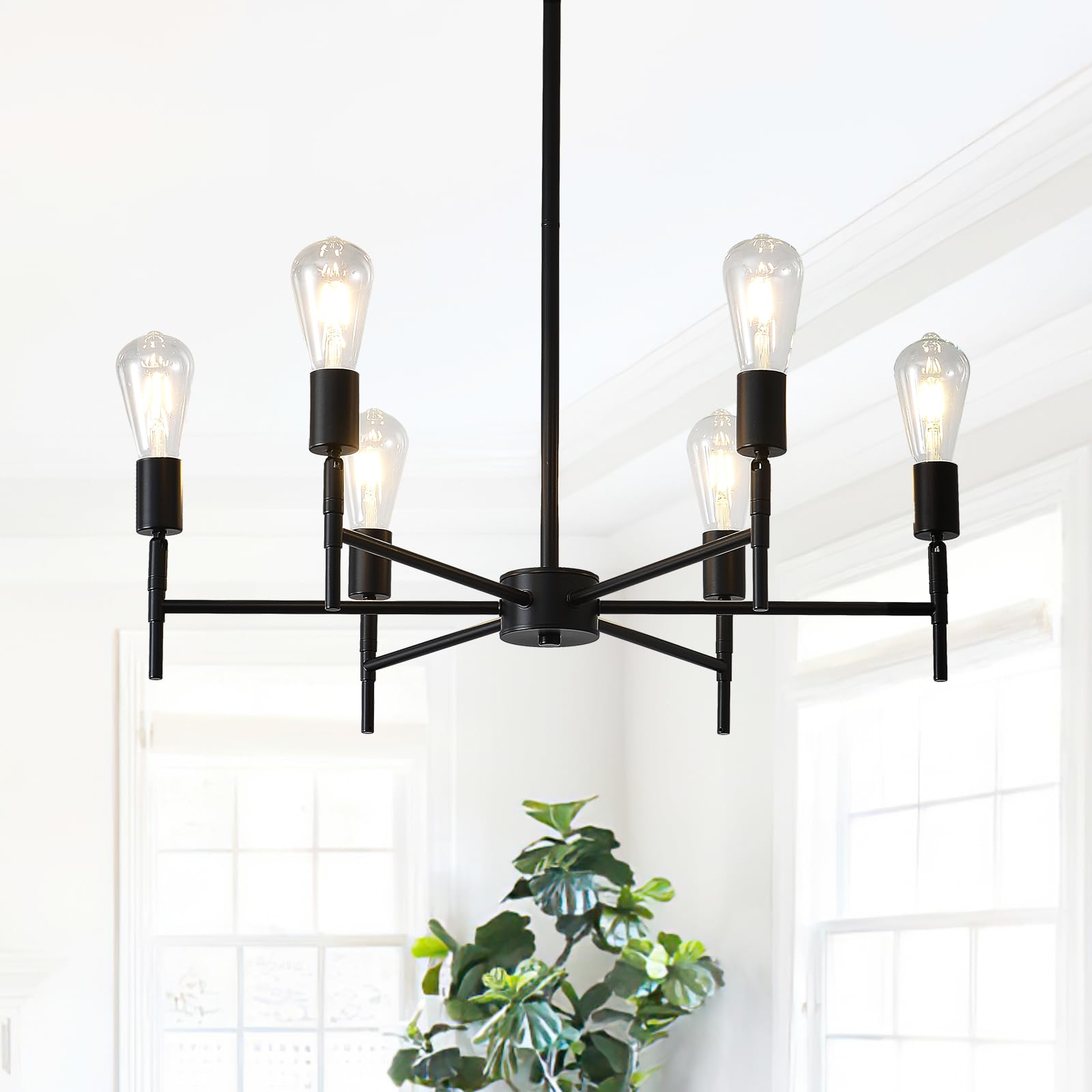 NILSE Black Chandelier, 6-Light Dining Room Chandelier Rotatable Bulb Socket Industrial Vintage Ceiling Light Fixture 24-Inch, H