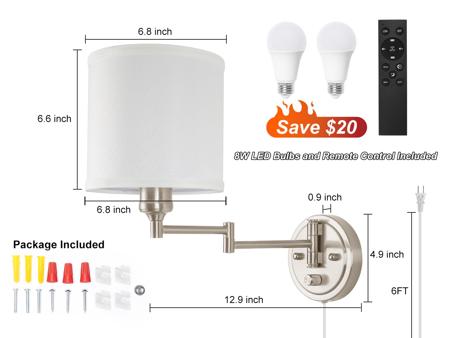 GOODATE Plug-in Wall Sconces Set of Two, Remote Control, Dimmable, Adjustable Colors 2700K-6500K, Brushed Nickel & White, Model BZ-YK