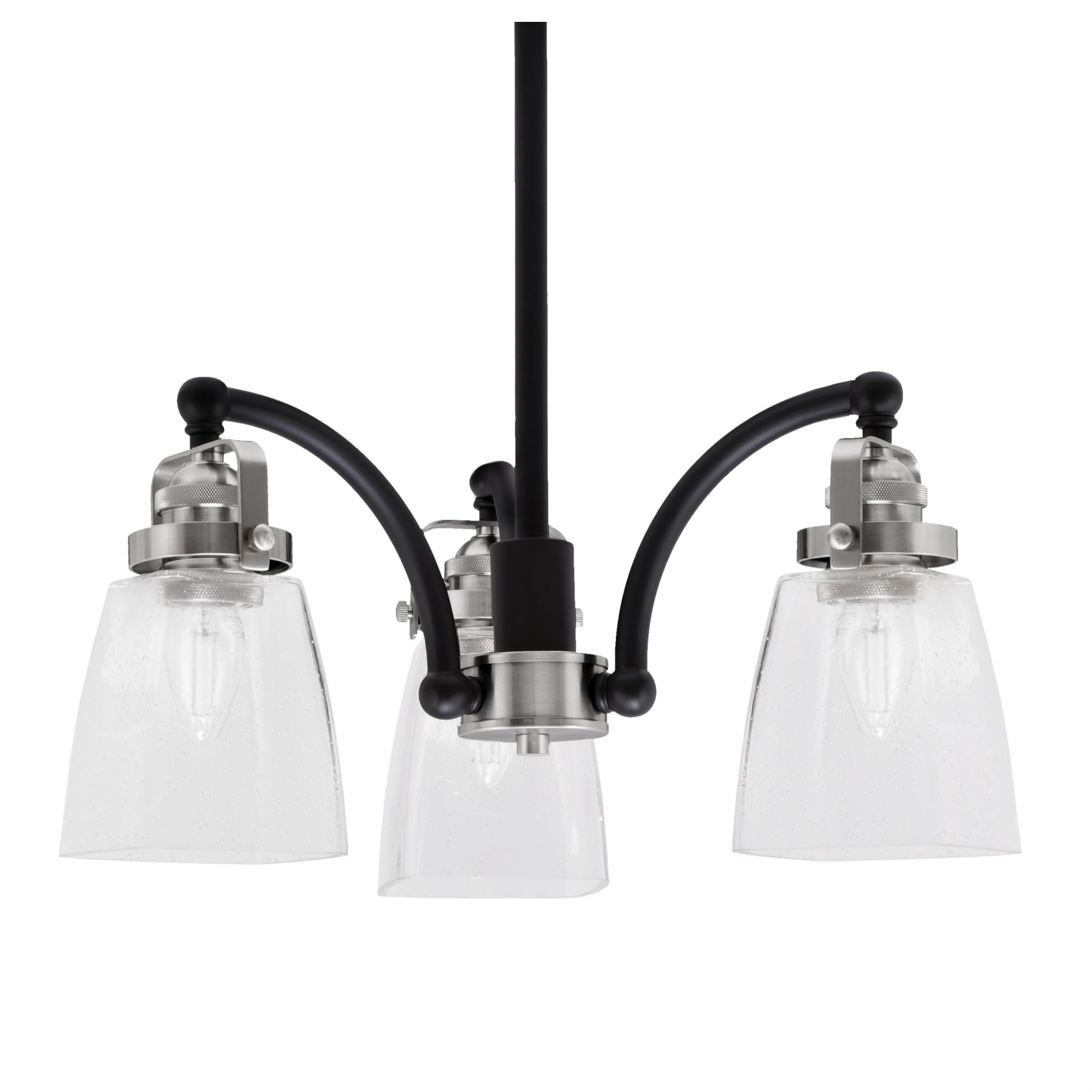Easton Downlight, 3 Light, Chandelier Shown In Matte Black & Brushed Nickel Finish With 4.5&quot; Square Clear Bubble Glass