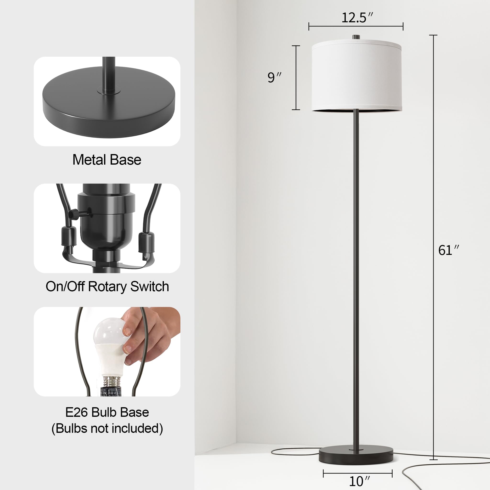 Oneach Floor Lamp - 61in Rustic Industrial Design, Metal, Black Pole with White Shade, Model AMZ-F1154BK-WH