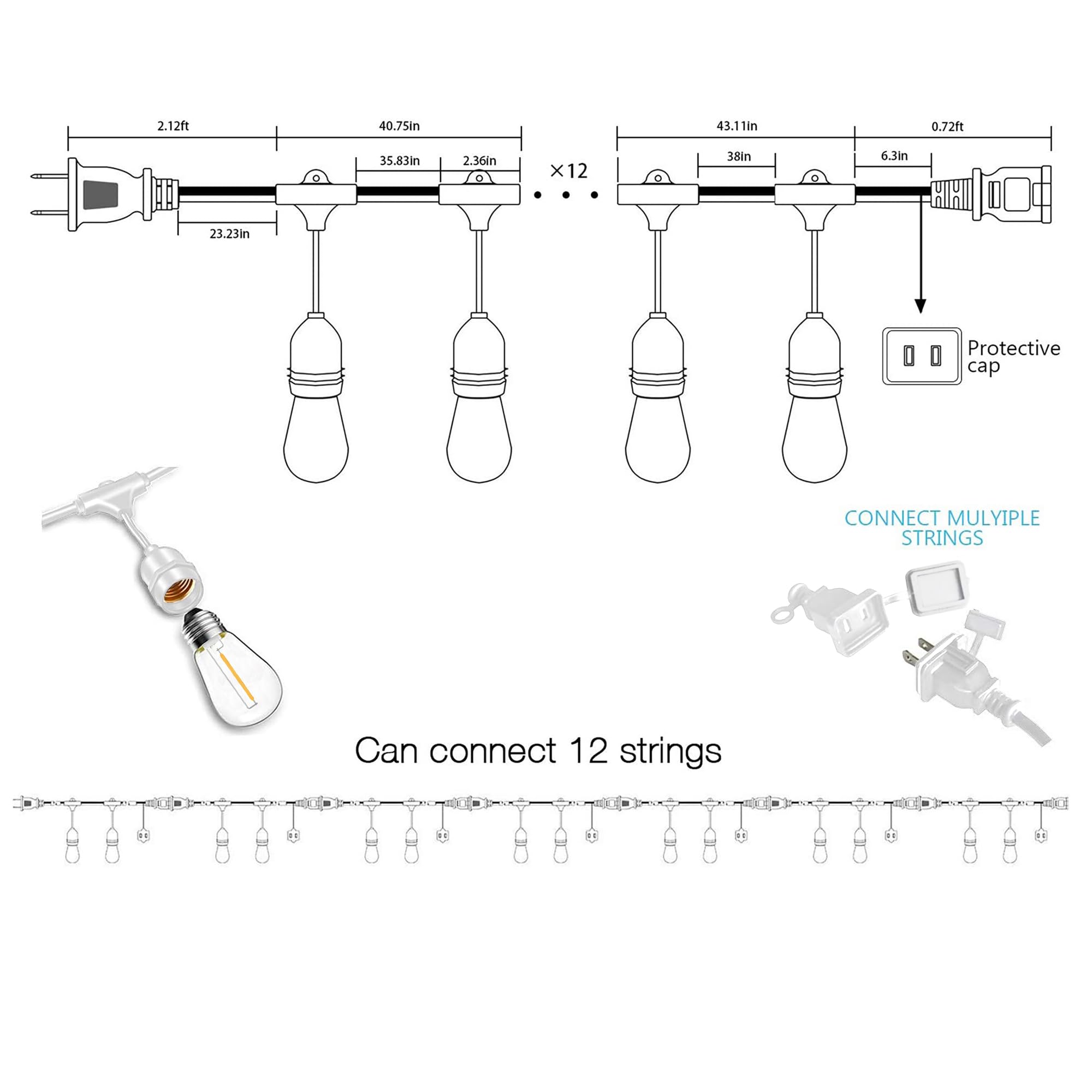 Banord Outdoor String Lights, 48Ft Waterproof Patio Lights With 1W Dimmable Led Bulbs, White Hanging String Lights For Outdoor B