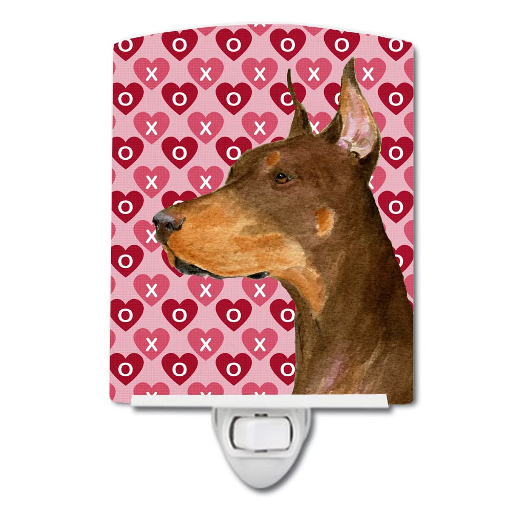Caroline'S Treasures Ss4468Cnl Doberman Hearts Love And Valentine'S Day Portrait Ceramic Night Light Compact, Ul-Certified, Ideal For Bedroom, Bathroom, Nursery, Hallway, Kitchen, 6X4X3, Multicolor
