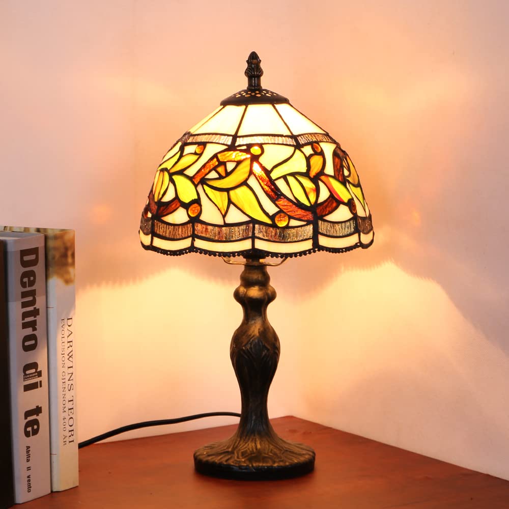 MIAOKE Stained Glass Table Lamp, Handmade Antique Light for Bedroom, Living Room, Desk, Leaf Flower Design