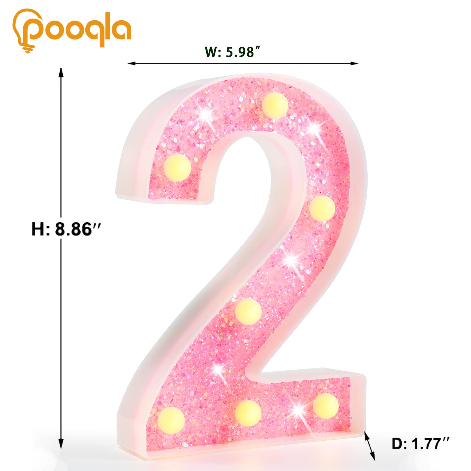 Pooqla Marquee Numbers Lights, Light Up Numbers Battery Powered, Glitter Lighted Numbers For Birthday Party, Shiny Led Numbers For Christmas Wedding Home Bar Decoration, Pink Number 2