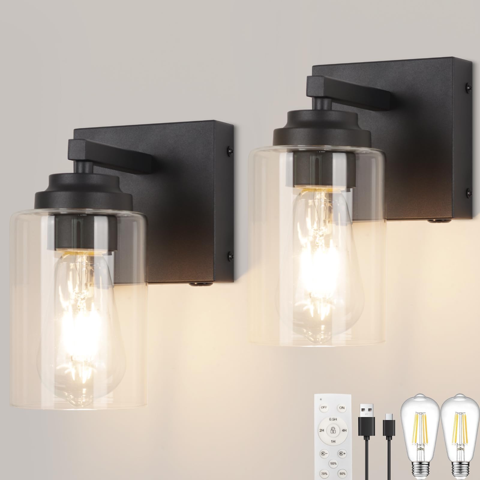 Loiogohot Wireless Battery Operated Wall Sconce Set of 2, Infinitely Dimmable with Remote Control, Black, Model WL-BN2416