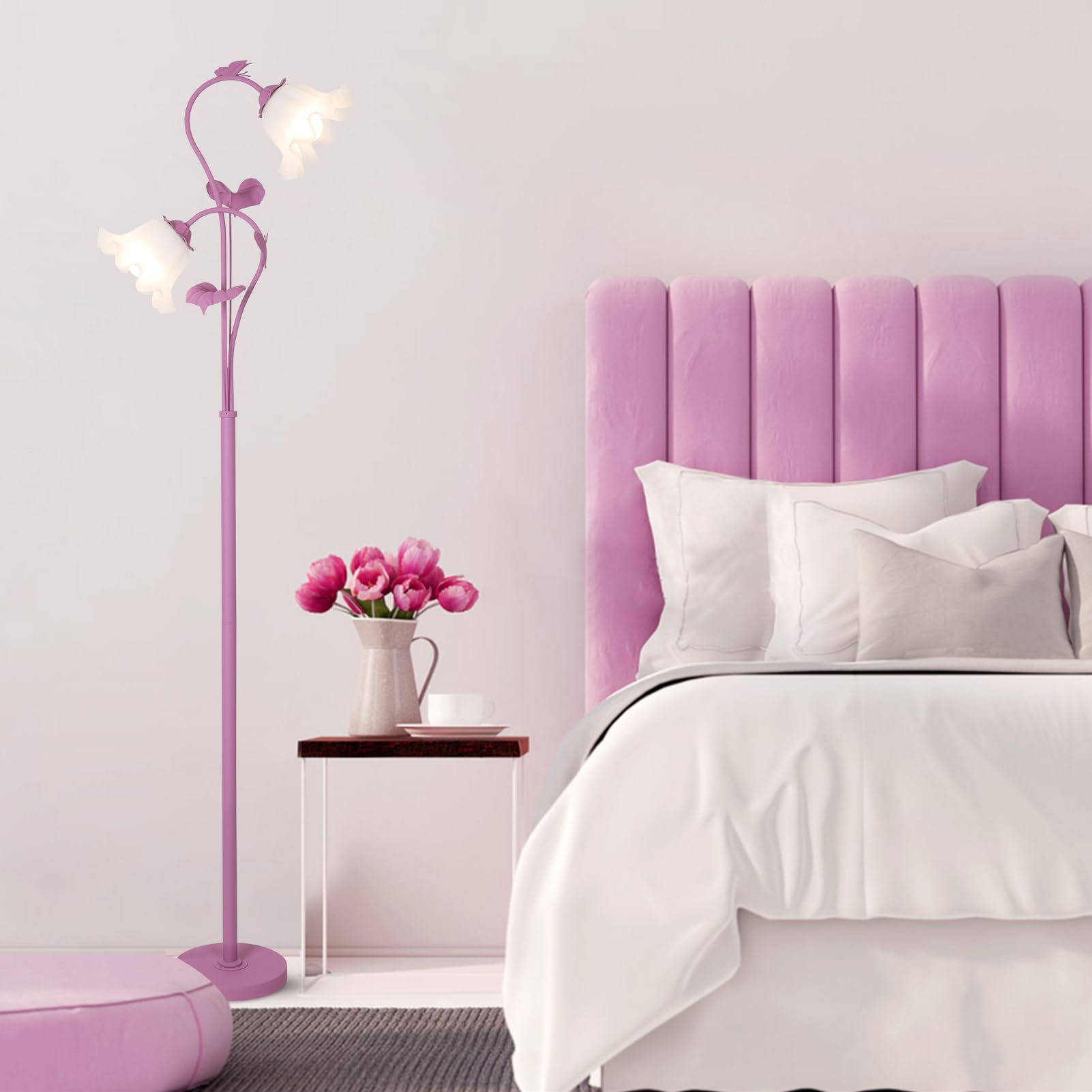 HMVPL Purple Floral Floor Lamp - Cute Lotus Design with 2 LED Bulbs, Foot Switch, Ideal for Bedroom or Nursery, Model 240601D1