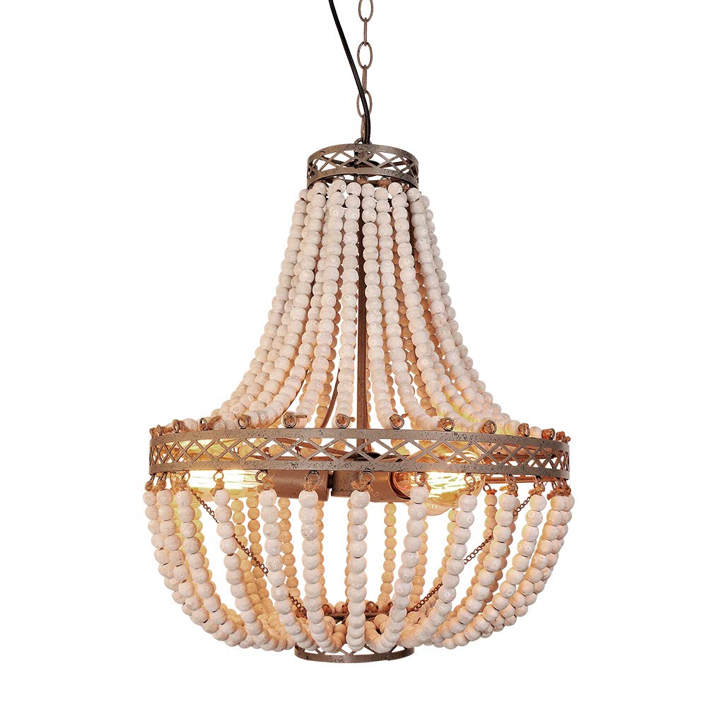 Firvre Wood Beaded Chandelier, Vintage Rustic Pendant Light, White, For Dining Room, Living Room, Kitchen, Model 1