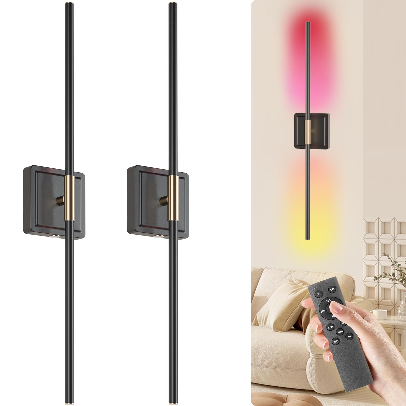 DRAWNCAT Modern RGB Wall Sconces, Set of 2, Battery Operated, 350° Rotatable, Matte Black/Gold, Model WL-72-MC