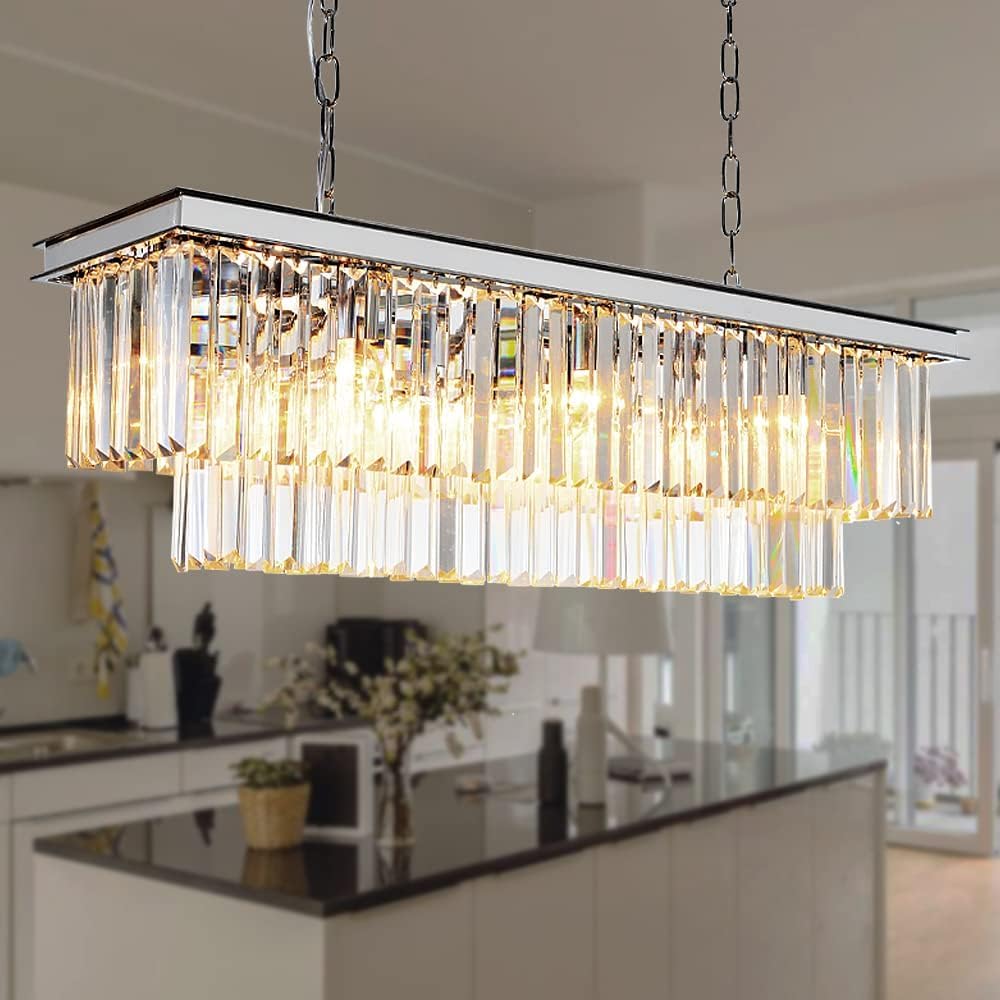 MEELIGHTING L39.4 Chrome Rectangle Modern Crystal Chandeliers Lighting Rectangular Pendant Ceiling Lights Fixture Lamp for Dinin