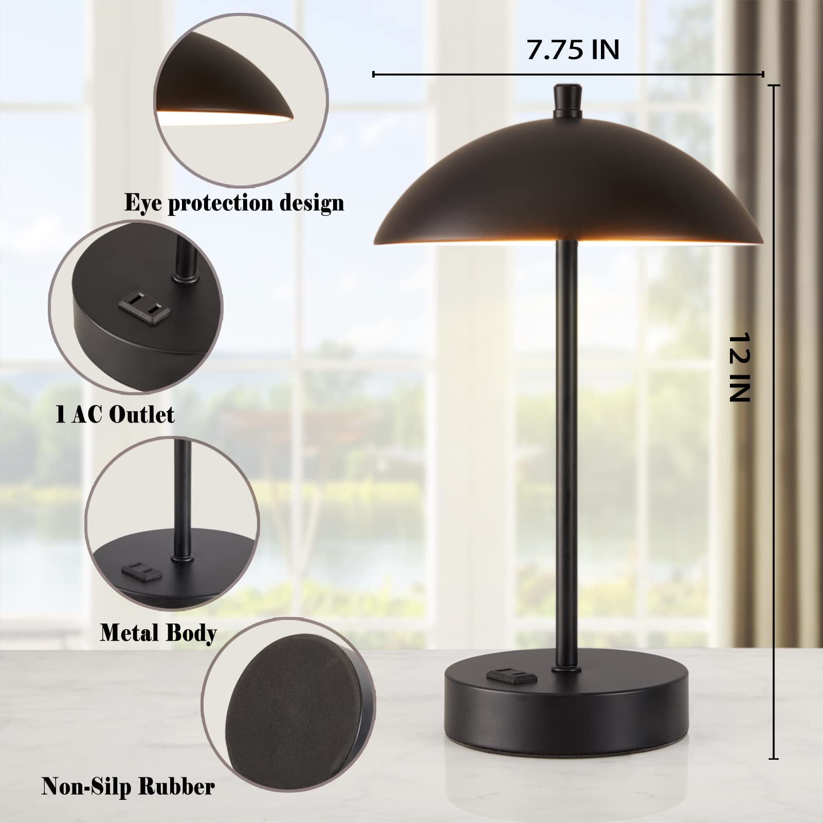 Modern Led Desk Lamp With Ac Adapter, 12'' 3-Way Dimmable Touch Bedside Reading Lamp, Minimalist Black Small Nightstand Table La