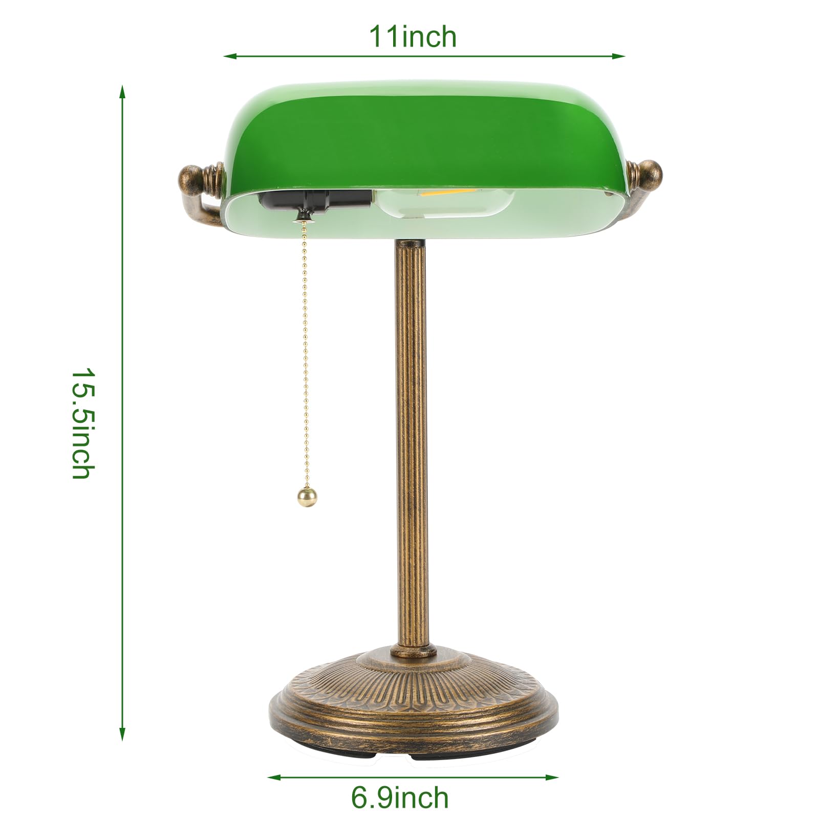NISSAFORS Bankers Desk Lamp, Vintage Green Glass Shade, Small Retro Gold + Green, Model LB240023, LED Bulb Included