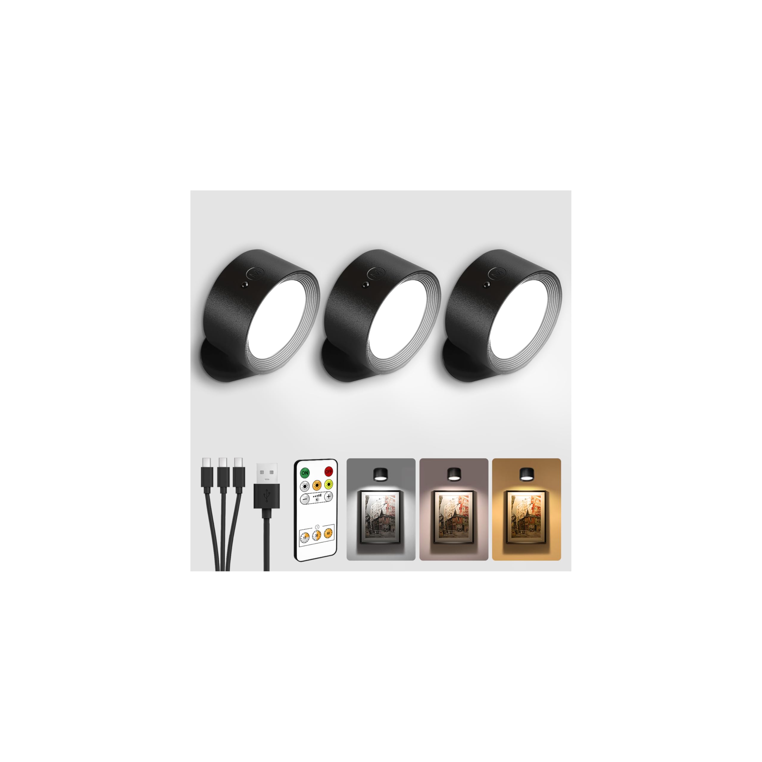 AMETHEUS LED Wall Mounted Lights, Rechargeable Sconces, 3 Color Temperatures, Dimmable, 3 Pack, Black, Model WL02