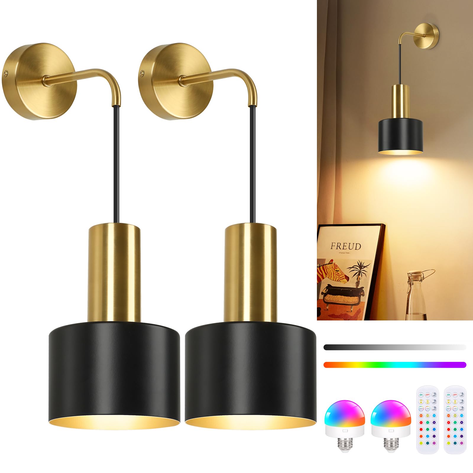 VerRon Rechargeable Battery Operated Wall Sconce Set of Two  Black & Gold Wireless Battery Powered Lights with Dimmable Detachable Bulbs & Remote  Modern Sconces Wall Decor for Bedroom Living Room