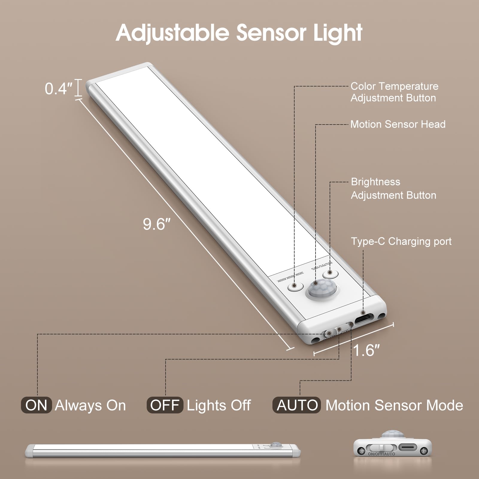 Chasesun LED Under Cabinet Lights, 9.6in Motion Sensor, USB-C Rechargeable, 3 Color Temperatures, 5 Pack, White, Model CB-X-24
