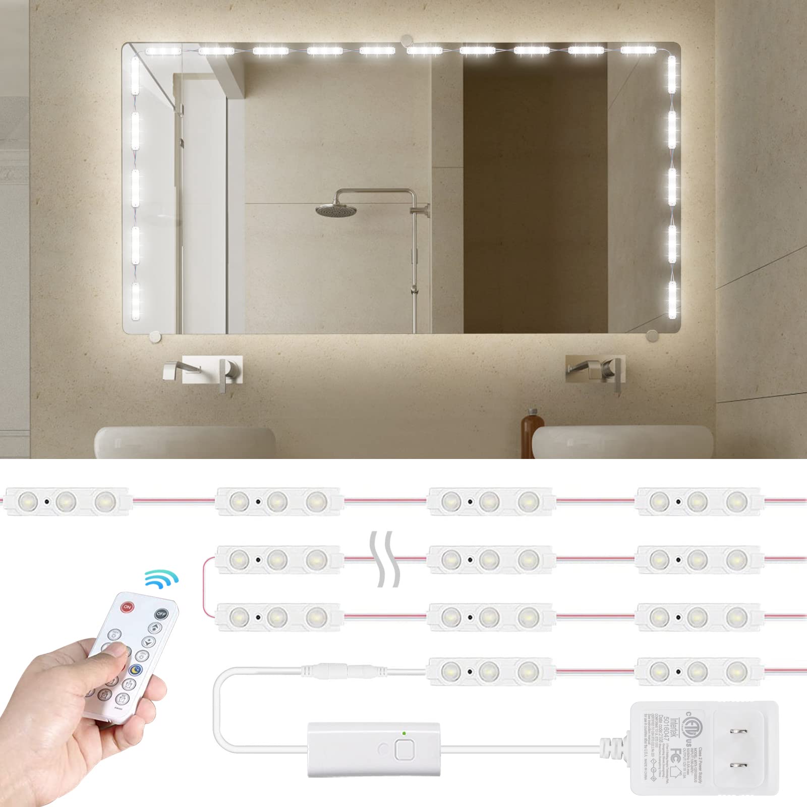 Kintion LED Vanity Mirror Light, 60pcs Ultra Bright White, 9.8ft Dimmable Waterproof Strip Light, Memory Function, Breath Mode