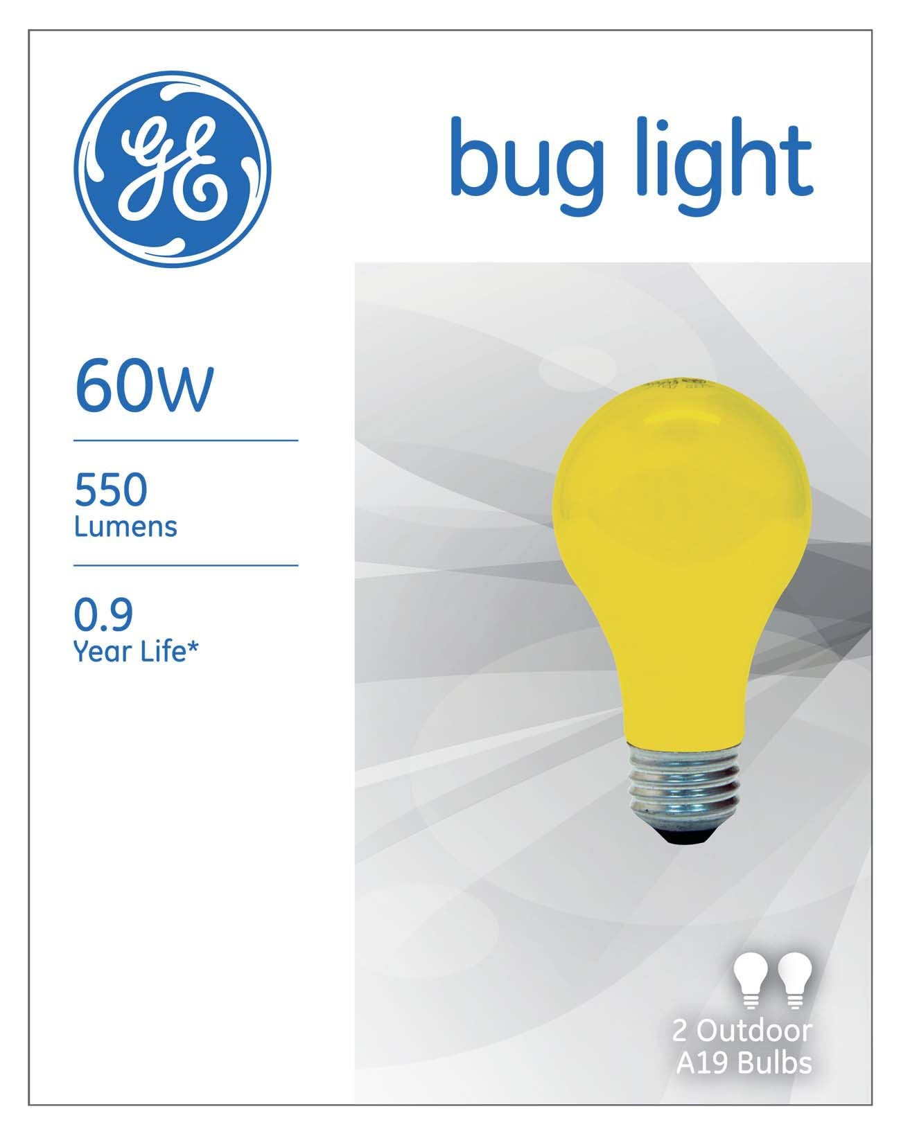 GE Bug Lite A19 Bulb, 60W Yellow - 2-Pack, Copper Material, Model DS-192-97495-A