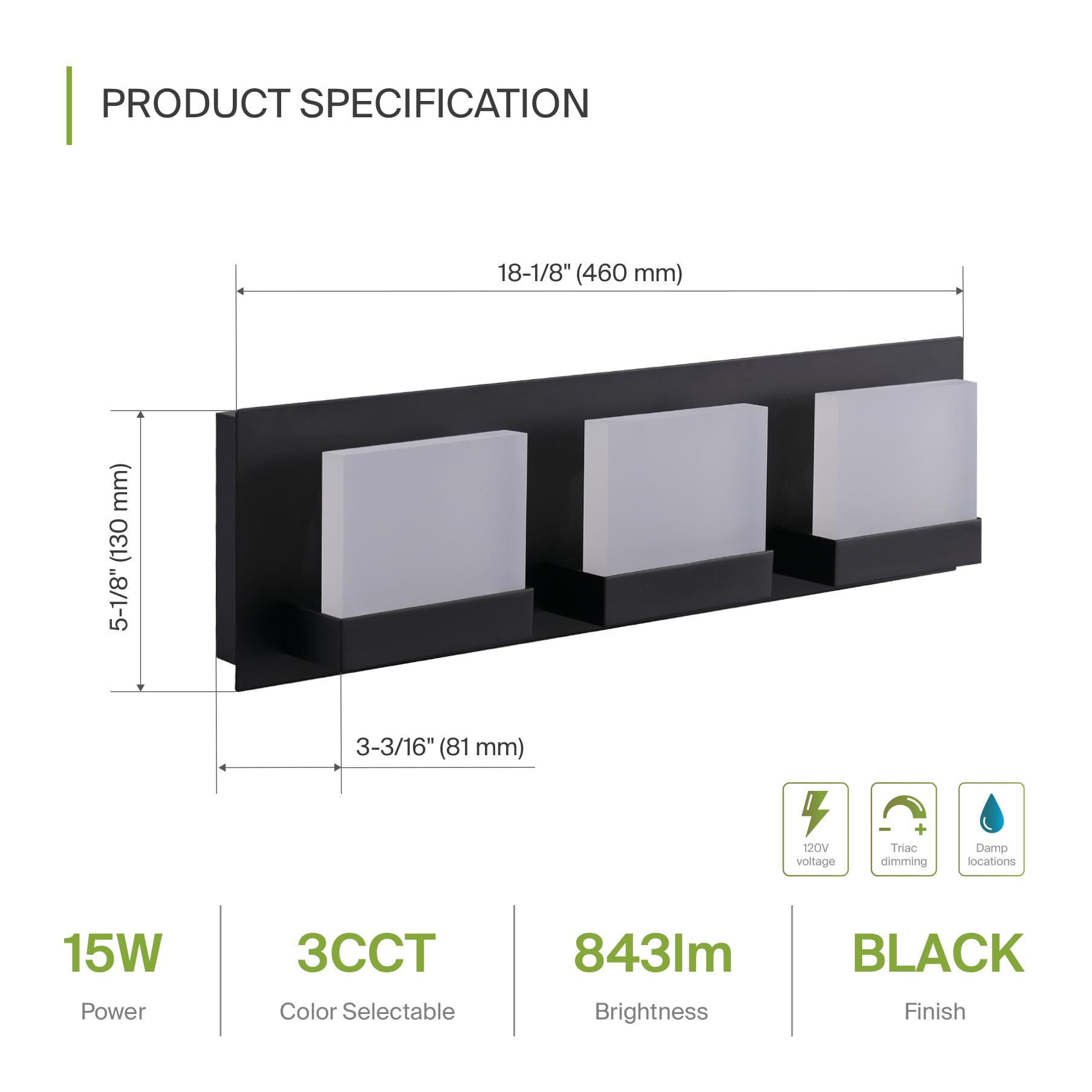 Asd Led 18 Inch Bathroom Vanity Light Fixture | 3-Lights 15W 850Lm 3000-5000K 120V | 3Cct, Dimmable, Etl Listed | Over Mirror Li