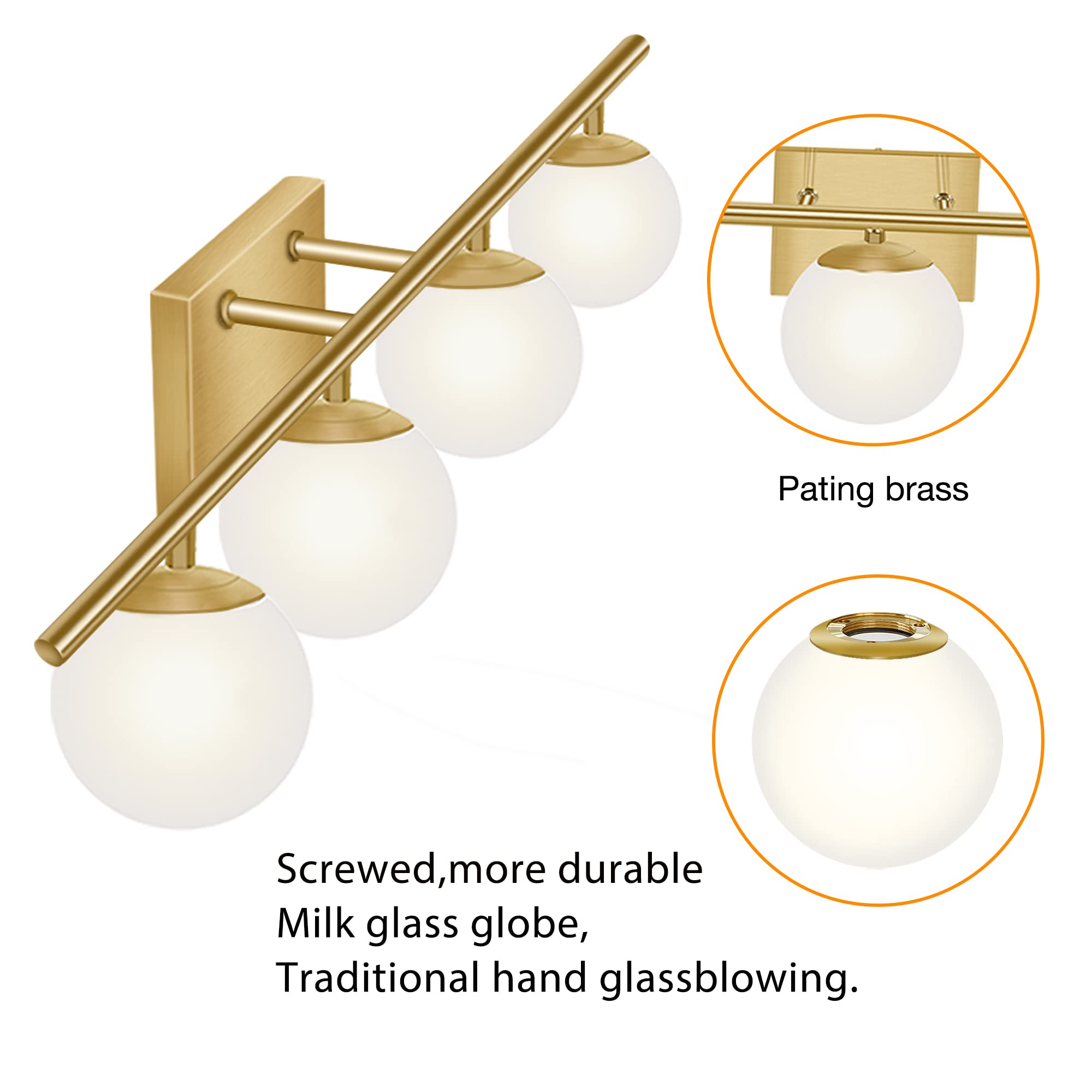 YHTlaeh New Bathroom Vanity Light Fixtures Brushed Brass Milk White Globe Glass Shade 4 Lights Modern Wall Bar Sconce Over Mirro