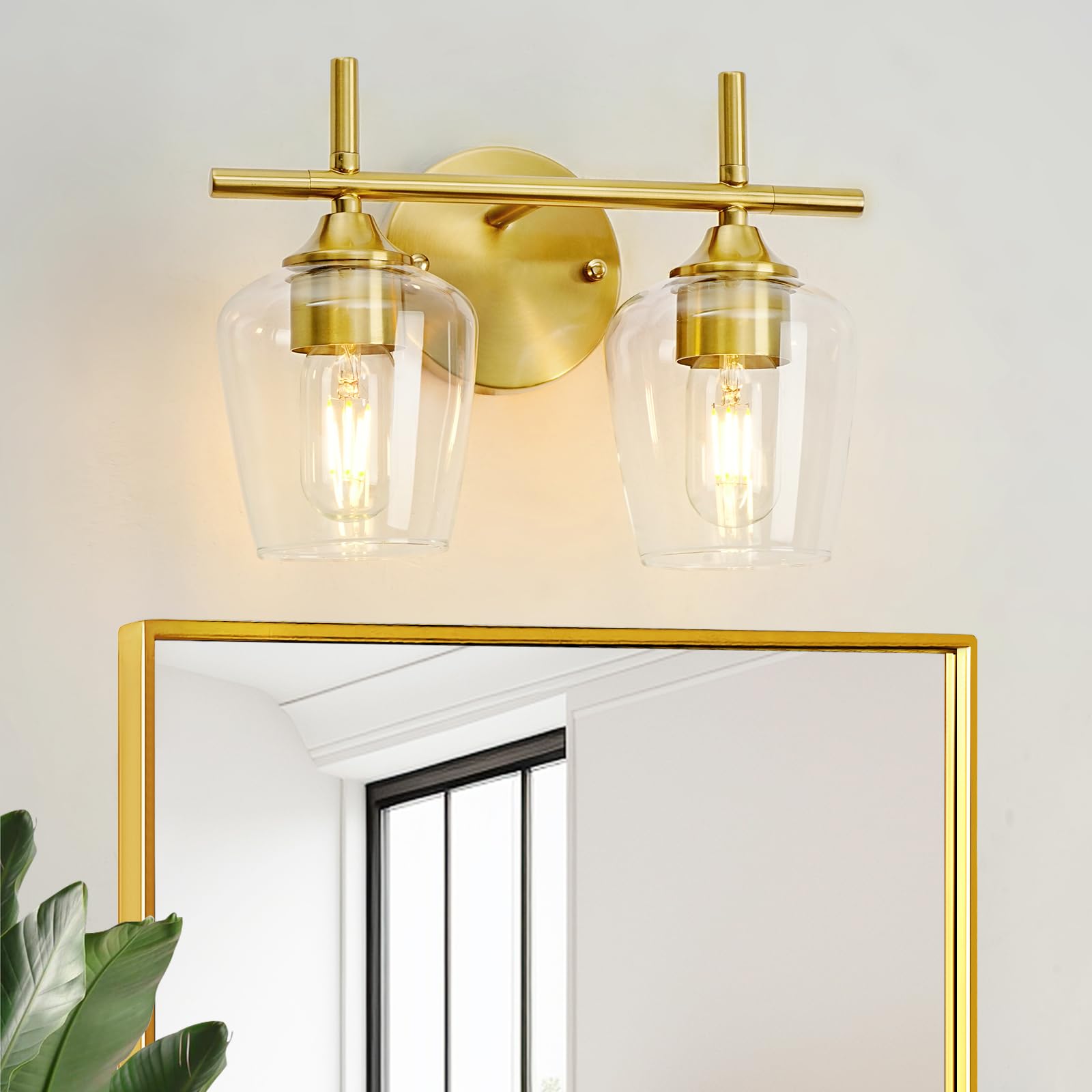 foucasal Bathroom Light Fixture 2-Light Gold Vanity Light, Clear Glass Shade, Brushed Brass, Model ULB0046H-2TONG