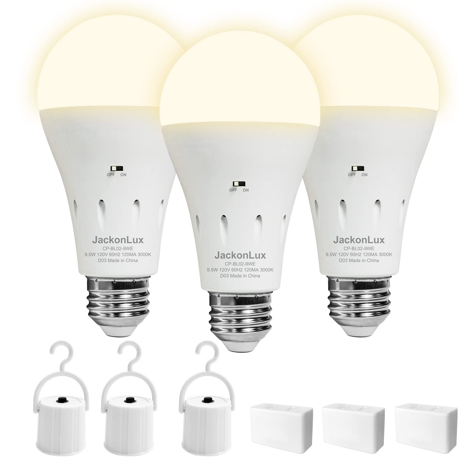 Jacksonlux Battery Operated Cordless Light Bulbs For Lamps - No Electricity Needed - Power Outage Solution - E26 Base - 3 Pack
