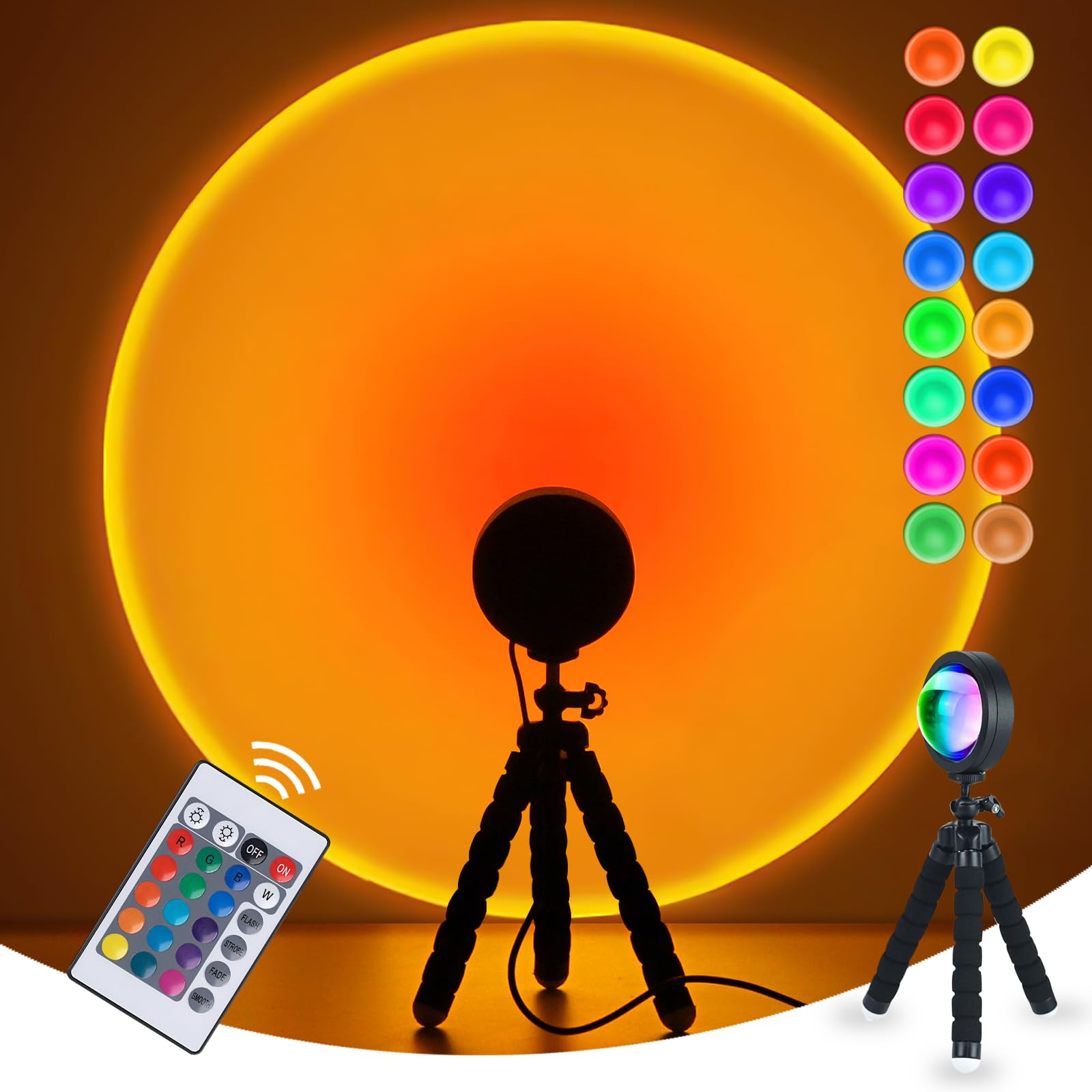 Balkwan Sunset Lamp Projection - 16 Color LED Remote Floor Stand Night Light - Multicolor Aluminum Décor for Living Room & Bedroom