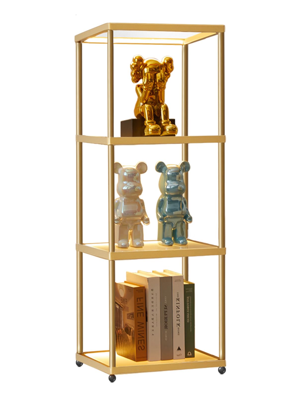 MANBUR LED Display Shelf with 4-Tier Bookcase, Iron, 44inH x 15.7inL x 12.6inW, Gold