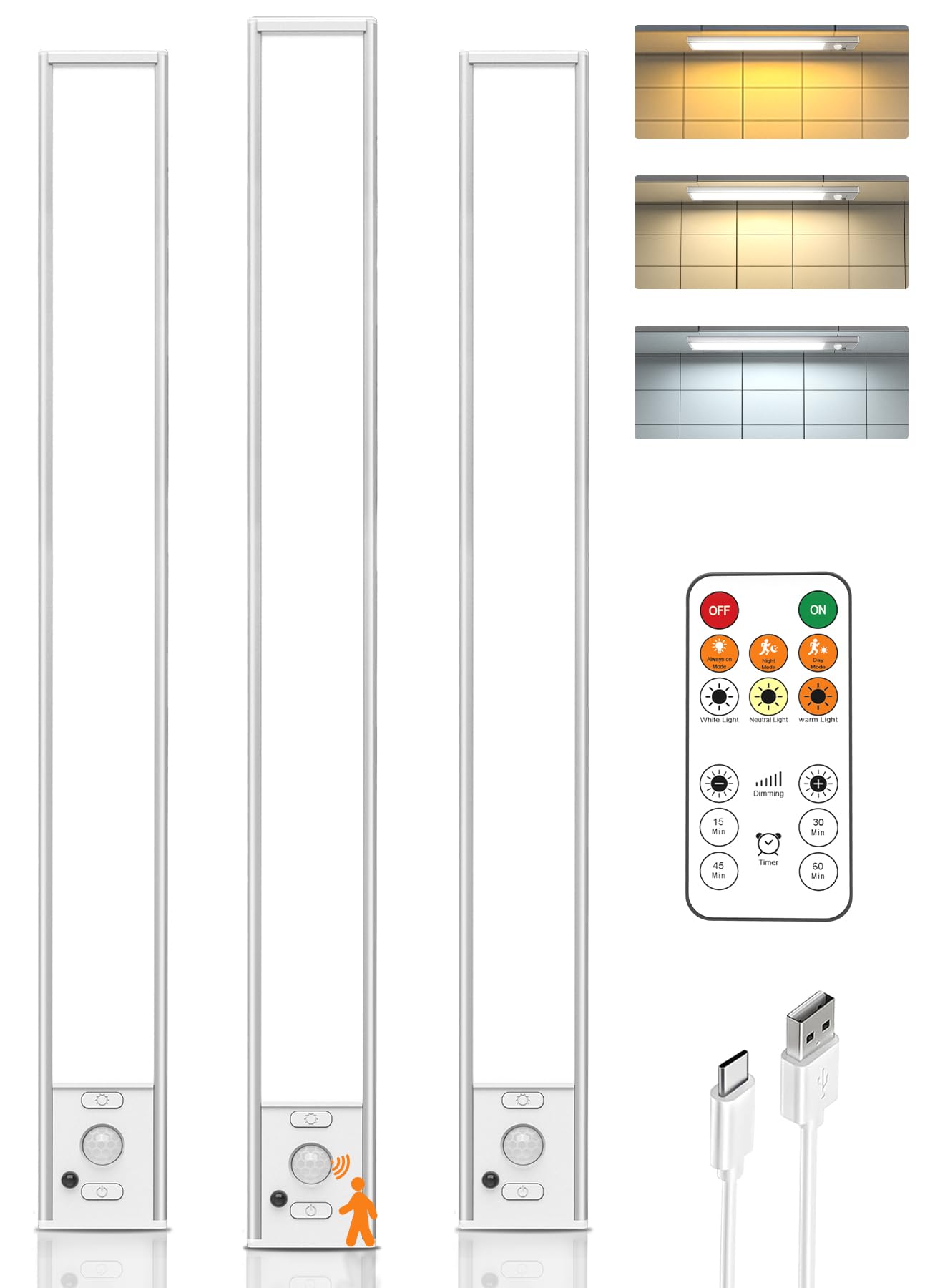 Under Cabinet Lighting Rechargeable Motion Sensor Lights Indoor, 3 Color Temps Magnetic Under Counter Lights, Dimmable Wireless 