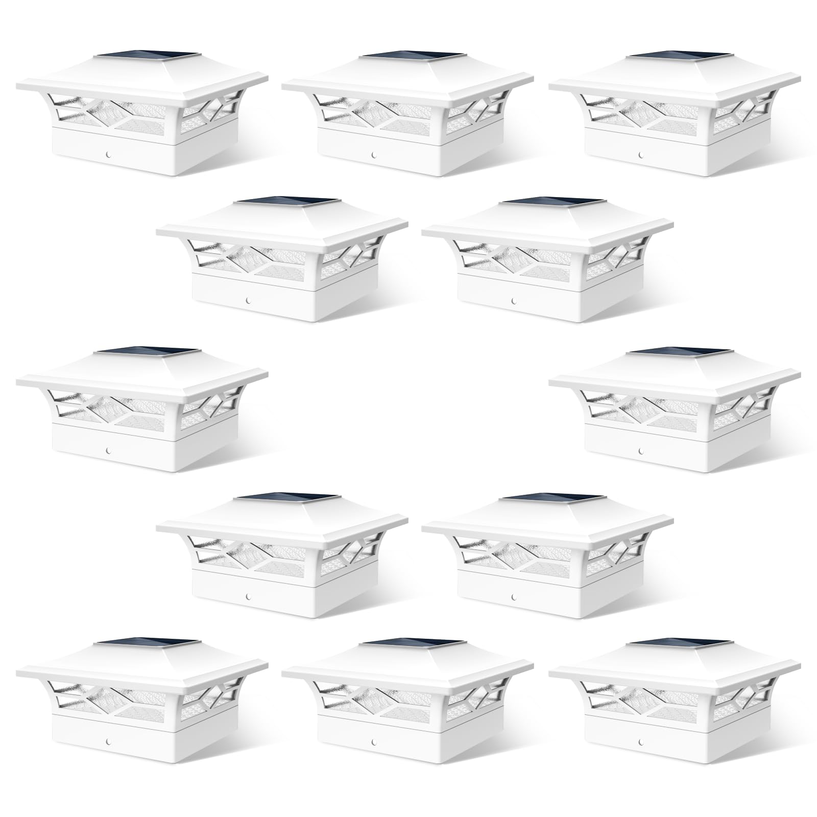 JOFIOS Solar Fence Post Lights, 4x4 Solar Cap Lights, Warm White/Cool White, 12 Pack, Waterproof, Acrylonitrile Butadiene Styrene, White